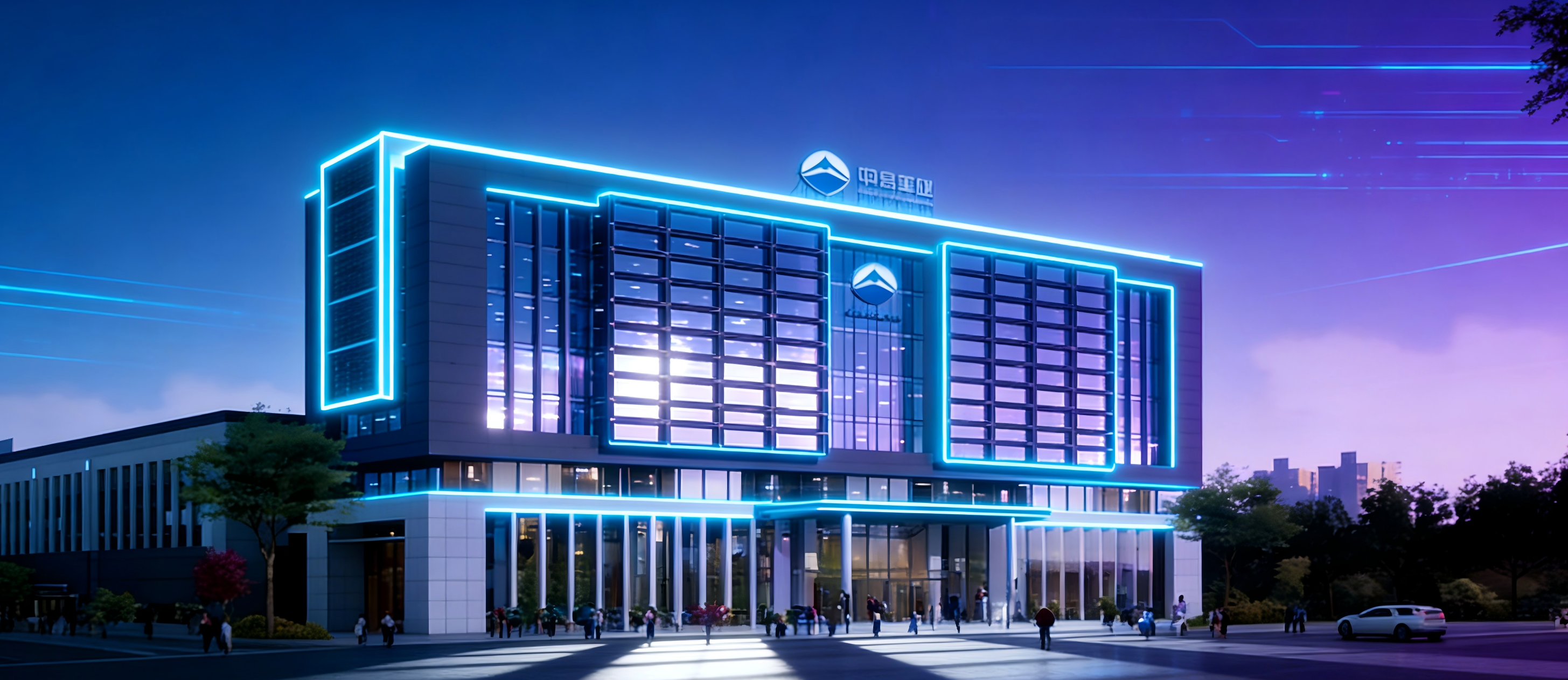 江苏迈信林航空科技股份有限公司厂房外观,现代化航空制造企业建筑,蓝天背景